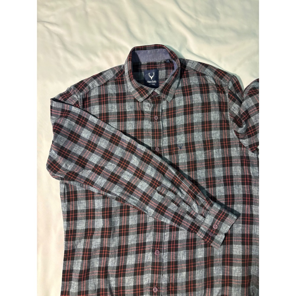 Allen Solly Mens Plaid Button Down Shirt Grey Black Red Sport Fit Size 39 M